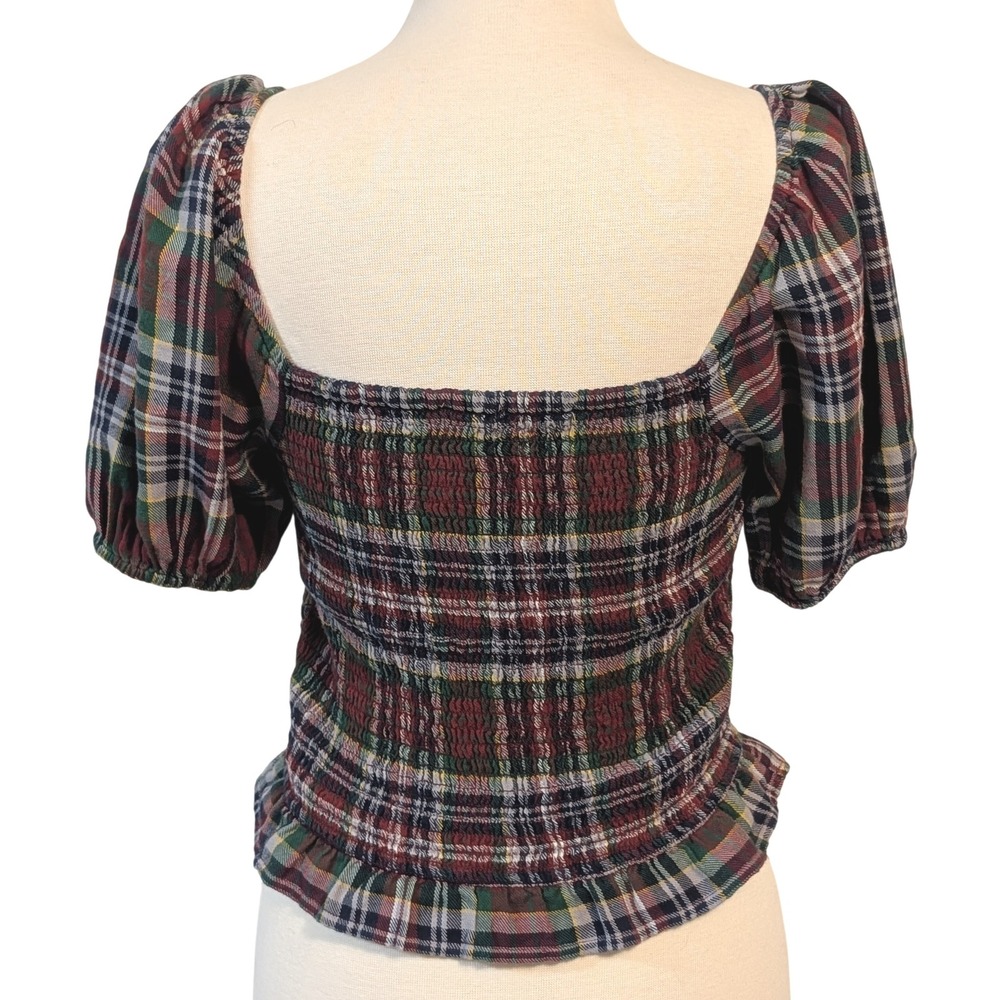 American Eagle Smocked Plaid Crop Top Short Puff Sleeve Square Neck‎ M Y2K Retro - Picture 5 of 10